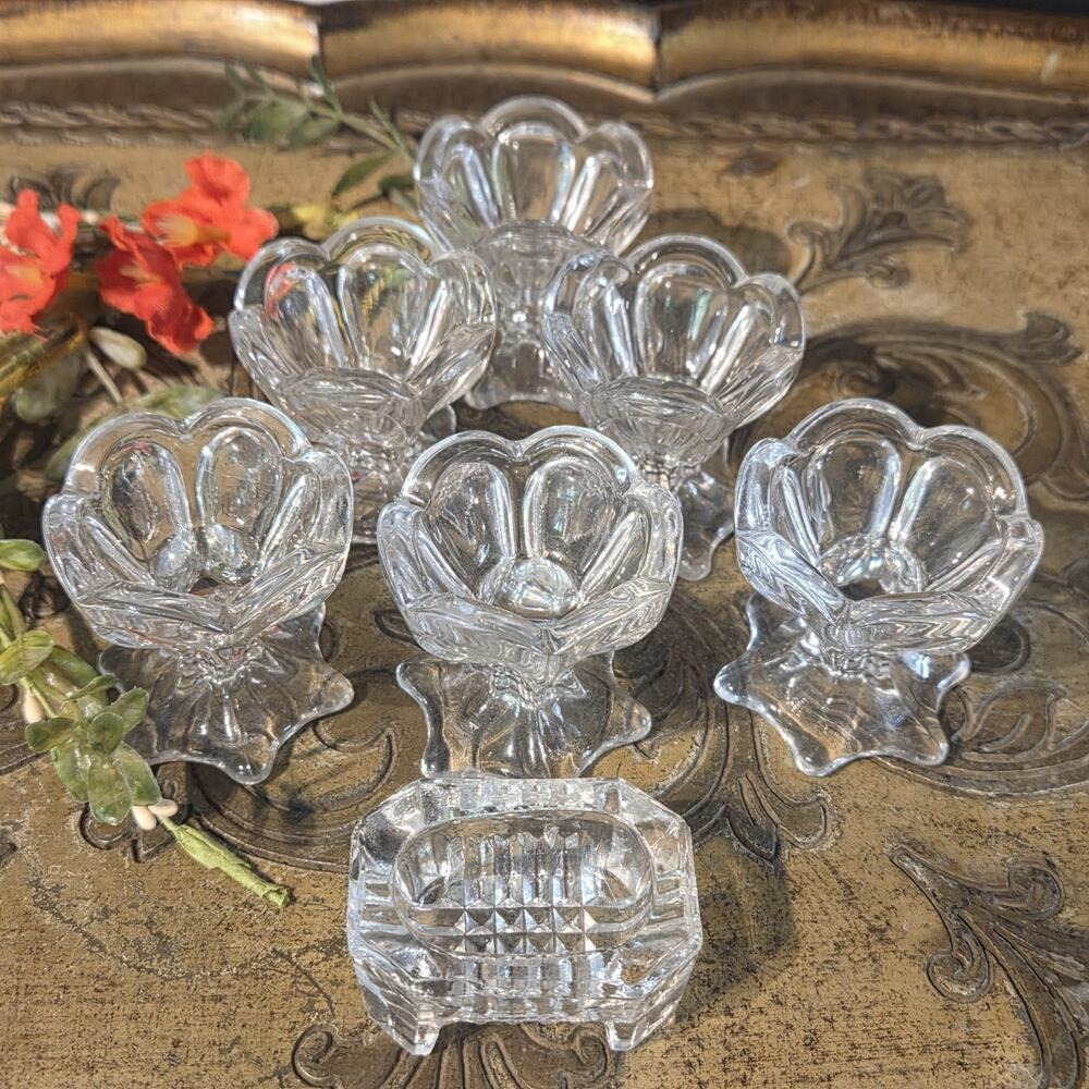 Fostoria Lucere Pedestal Open Salt Cellar 1900's Set Of 6 And One Octogonal